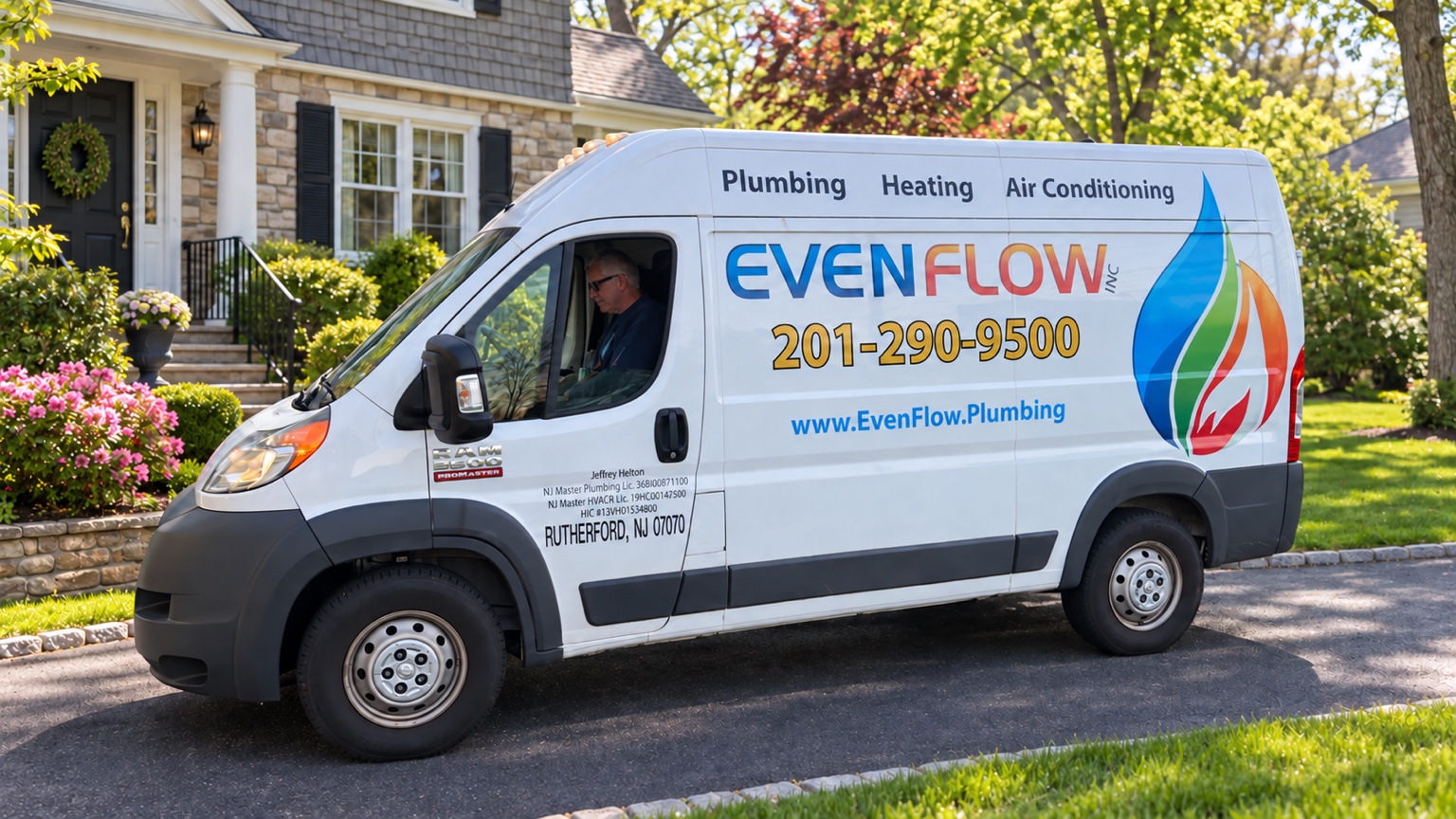 Jeff in the Even Flow Inc. service van parked at a neighborhood home