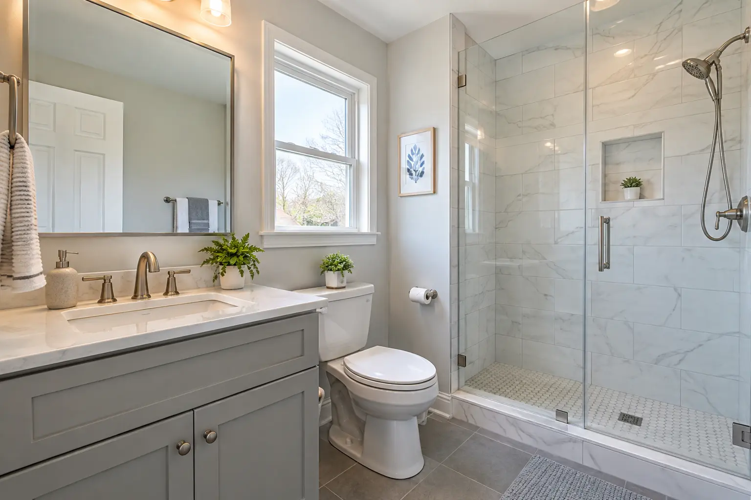 Clean finished residential bathroom with sink, toilet and shower plumbing fixtures